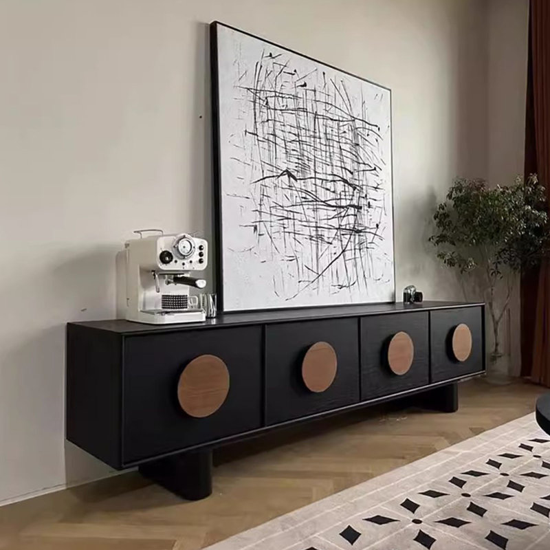 Meuble télé noir en bois massif, H 21,65 po x L 70,87 po x l 15,75 po
