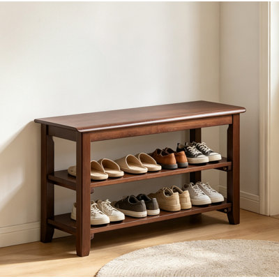 Rubberwood Entry Seating Bench, 2-Tier Open Shelf Shoe Storage Unit