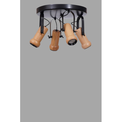Elegant Metal Chandelier with Wooden Cap, Black & Oak Finish, Total Height: 10.2 inches | Base Plate Ø13.8 inches | 4 x GU10 Max 10W Sockets (Bulb Not Included) | Perfect for Modern Dining & Living Spaces, Stylish Lighting Solution