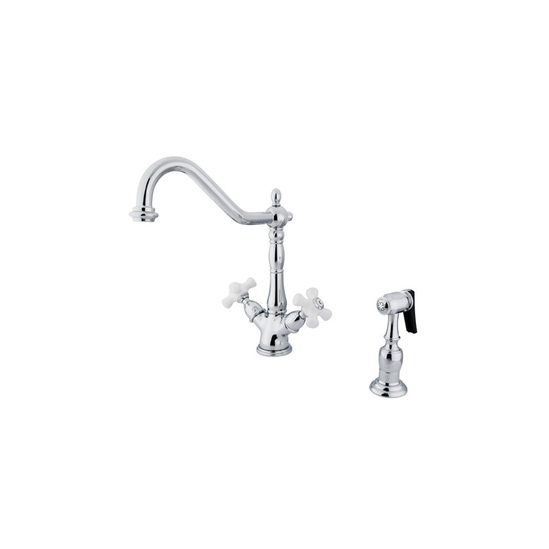 Kingston Brass Heritage Two-Handle 2-or-4 Hole Deck Mount Kitchen Faucet with Brass Sprayer, Polished Chrome