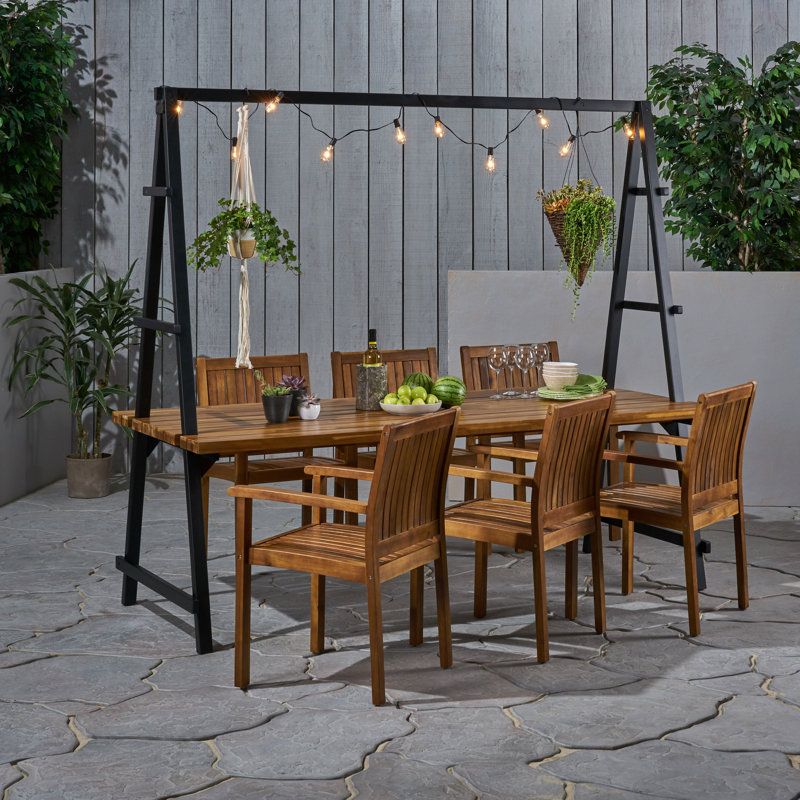 Allexa 6 - Person Acacia Wood Patio Dining Set with Rectangular Table, Teak/Black