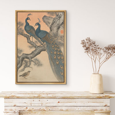 Elegant Peacock Pair on Tree Branch in Classic Asian Style – Pictures Framed Canvas Print Wall Art