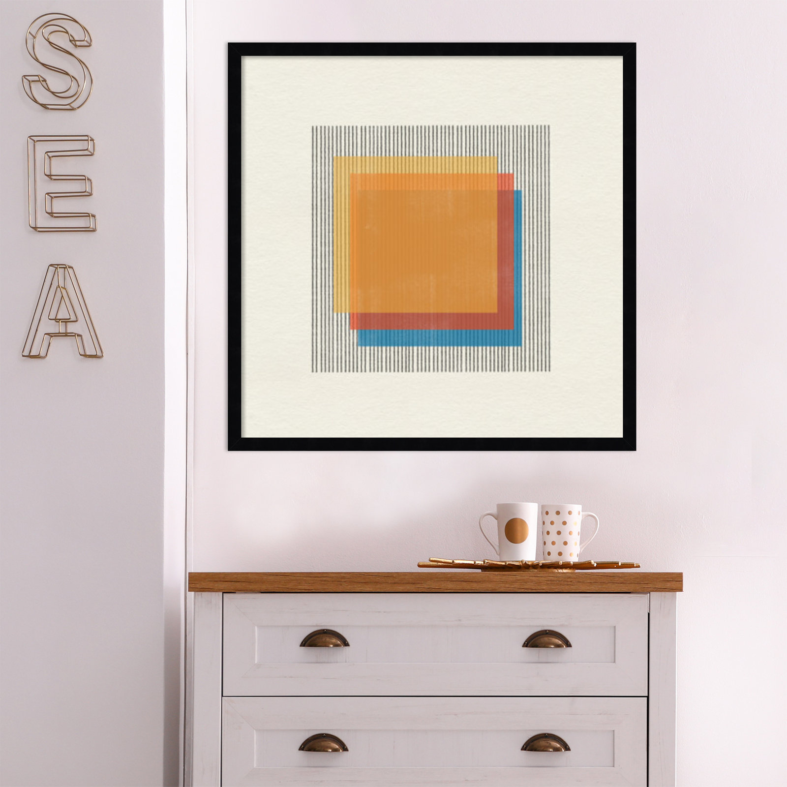Midcentury Modern Squares No 1 Print, Black Framed, 25" H x 25" W x 1" D