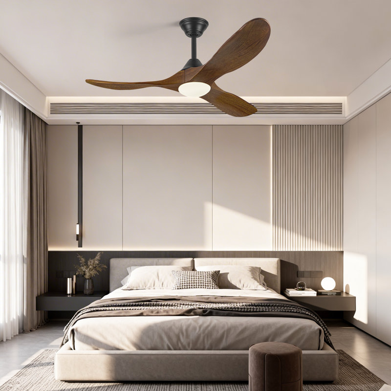 3 Blade Smart Solid Wood Ceiling Fan With Dimmable LED Light & Remote, Reversible DC Motor, Brown, 36" Wide