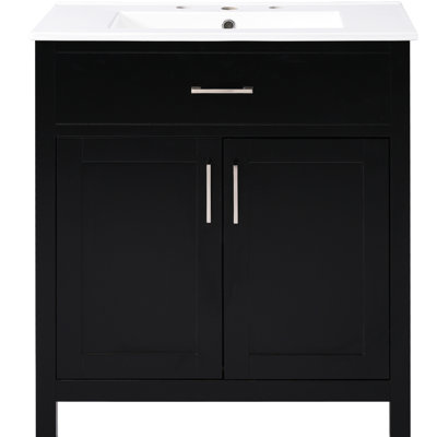 Meuble-lavabo de 30 pouces: lavabo en céramique et capacité de rangement abondante. Compact pour les petites salles de bain. Bois massif +. 2 portes, 1 tiroir. Meuble-lavabo gracieux avec accessoires d'espace - désencombrez votre