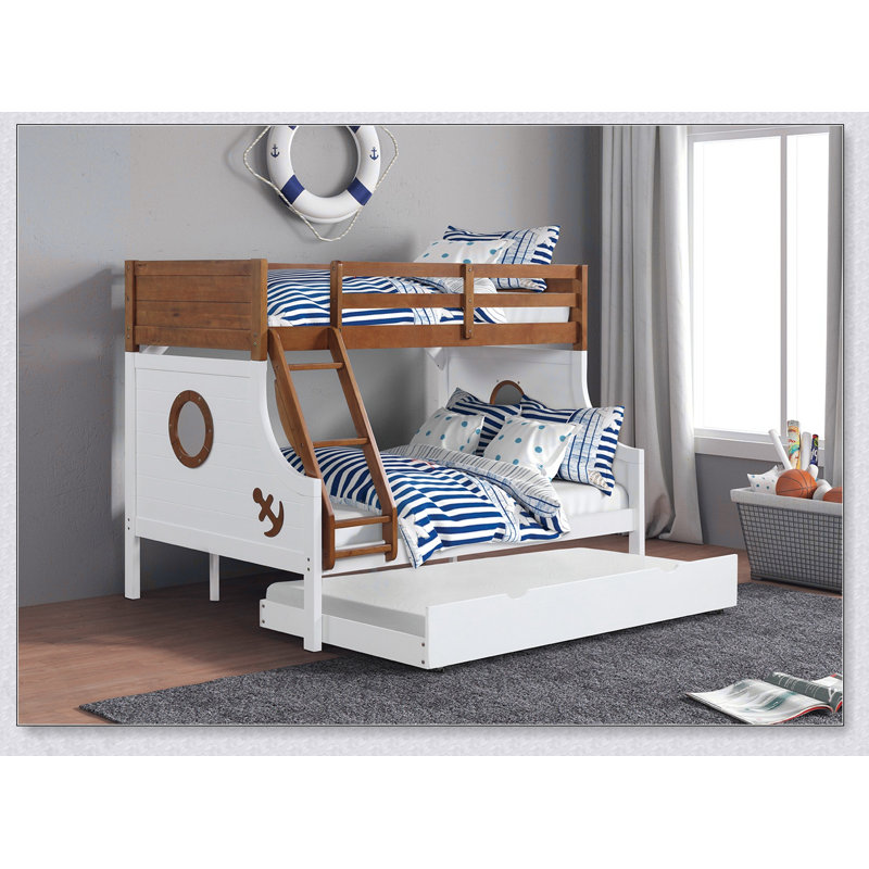 Lit superposé simple au-dessus d'un lit double de style moderne moderne avec des rails en échelle attachés et une structure de joint verrouillable pour la sécurité.