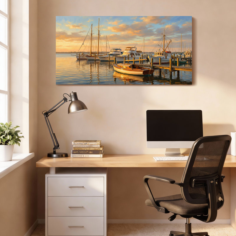 Ensemble de 1 tableau sur toile représentant une scène de coucher de soleil sur un bateau dans une marina, H 28 po x l 58 po