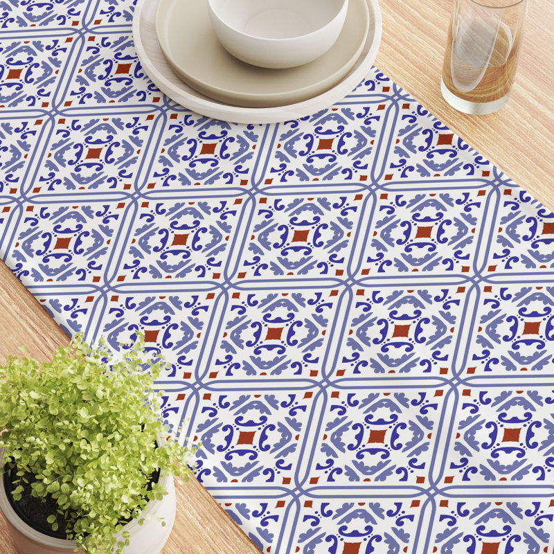 Table Runner, 100% Cotton, 16X108", Ceramic Tile Pattern, 90" L x 16" W