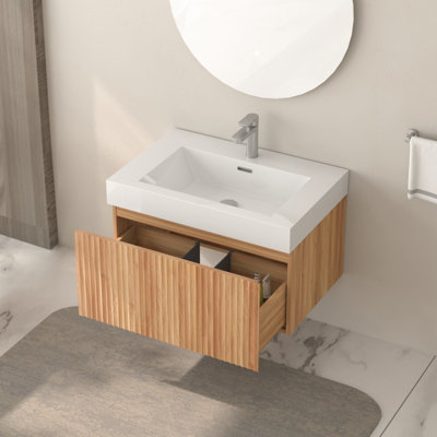 Meuble-lavabo de 24 po de couleur, fixé au mur pour les petites salles de bain, conception minimaliste, lavabo, contreplaqué, poignées, couleur à assemblage rapide avec espaces compacts intégrés, esthétique moderne, lavabo,
