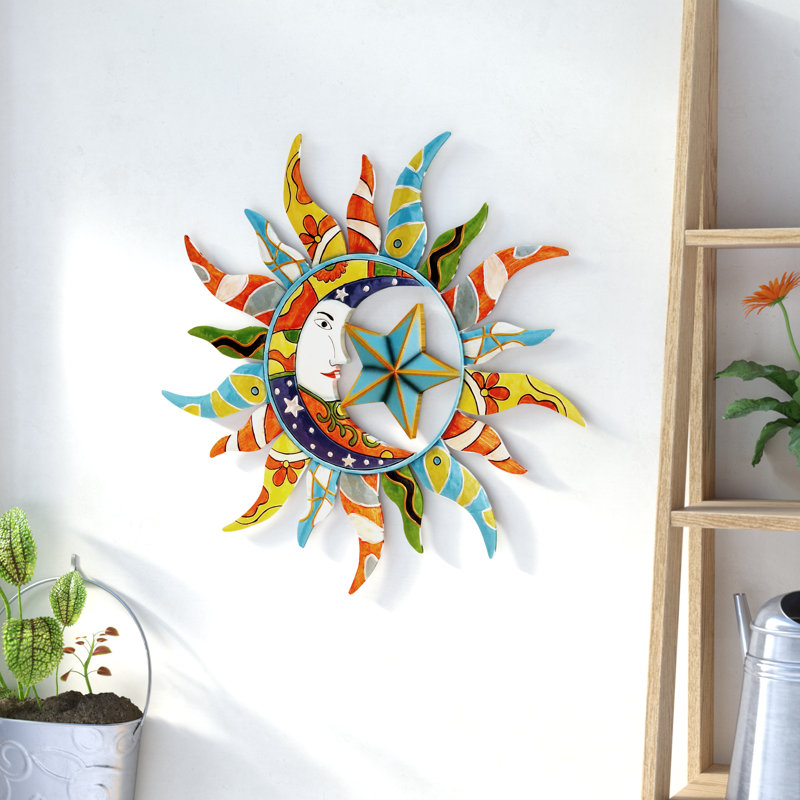 Metal Indoor Outdoor Abstract Patterned Sun and Moon Wall Decor with Accents, Blue Multi