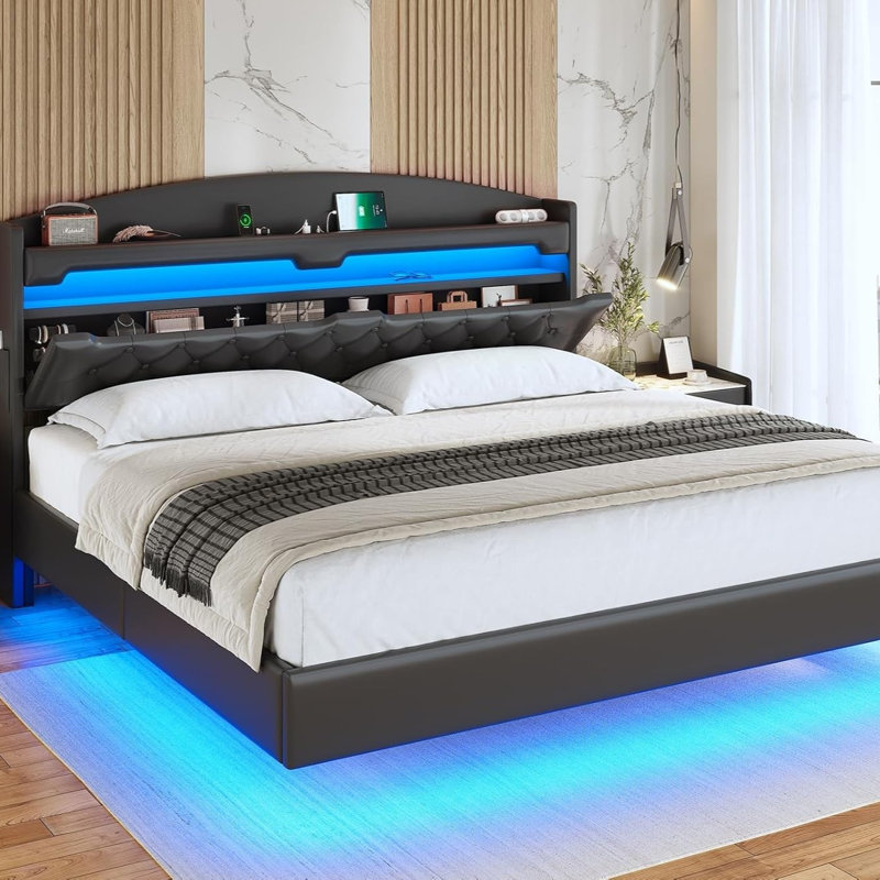Floating Bed Frame With Hidden Storage Headboard, Floating Led Bed Frame With Charging Station, Upholstered Leather Platform Bed With Storage