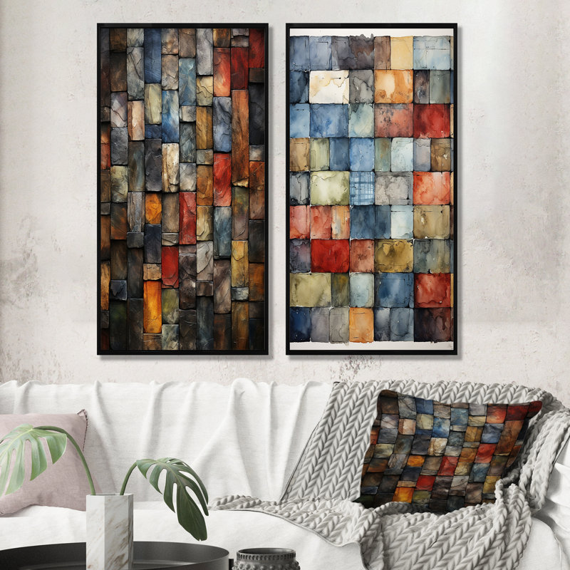 «Colorful Earth Colors Tiles II», ensemble de 2 reproductions d'art mural, Cadre flottant noir, H 28 po x l 25 po