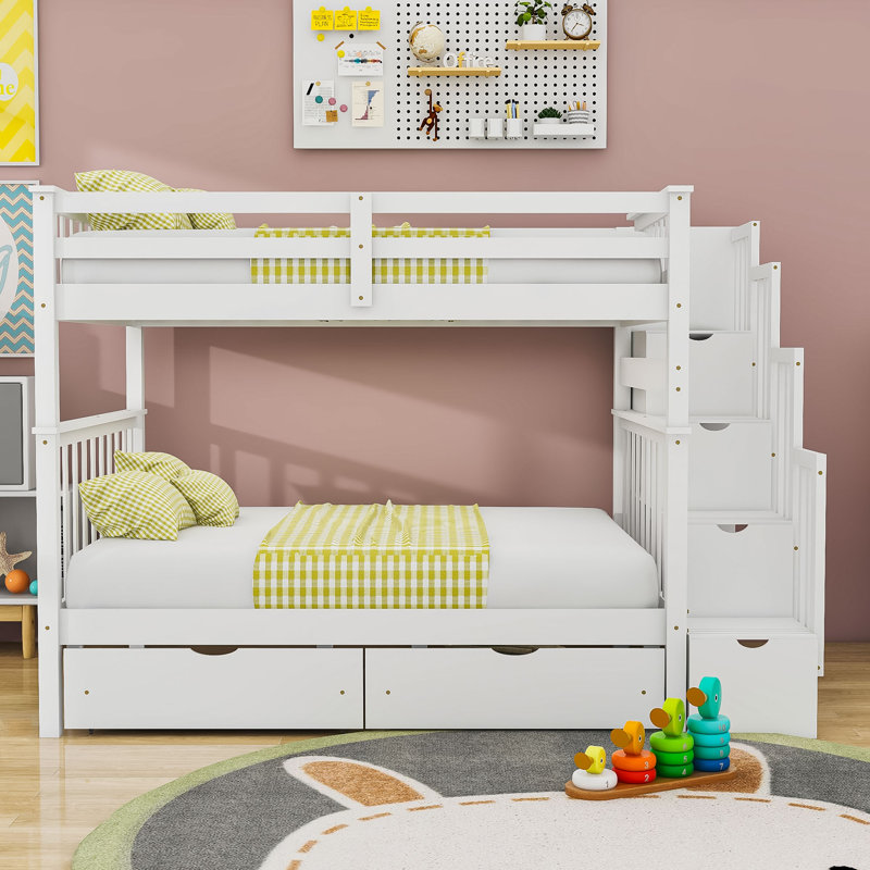 Lit superposé double au-dessus de double, lit superposé en bois avec tablettes et tiroirs, Blanc