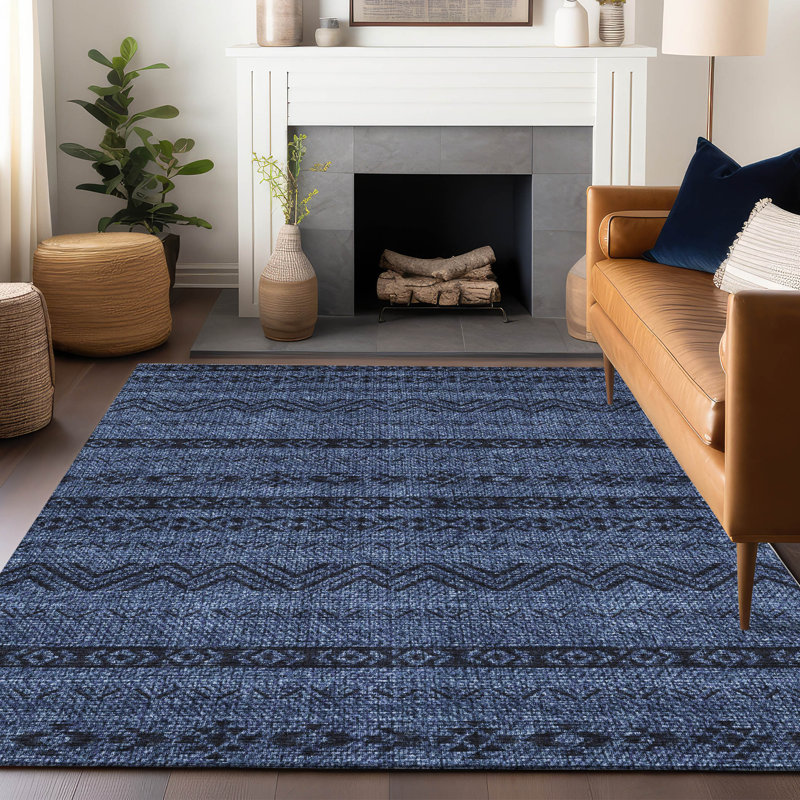 Tapis bleu marine de qualité supérieure lavable à la machine Prisco, Rectangulaire 8 pi x 10 pi
