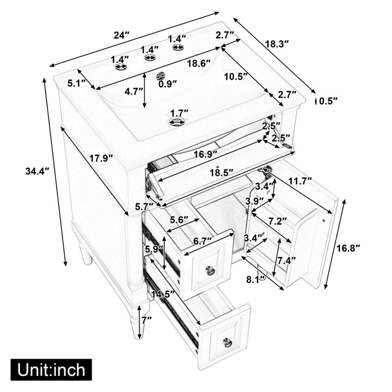 Meuble-lavabo de 24 po avec lavabo, armoire de salle de bain autoportante avec tiroir rabattable, tablette réglable, structure en bois d'hévéa massif, panneaux de fibres à densité moyenne et poignées en métal