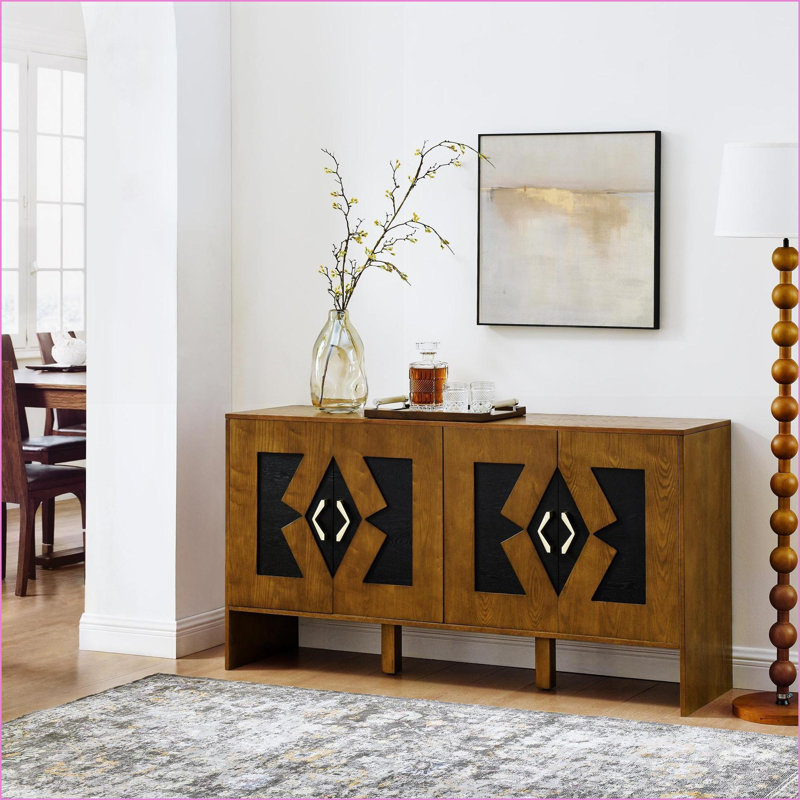Buffet Buffet, rangement en noyer moderne Mid-Century de 60 po avec tablettes réglables Trous de sortie | Bois massif et panneau de fibres à densité moyenne