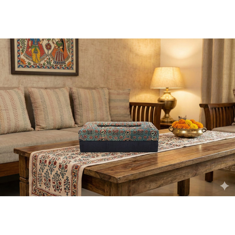 9" Handmade Ajrakh Block Print Tissue Box Cover – Indian Floral Pattern, Decorative Cardboard Holder for Car, Home & Office