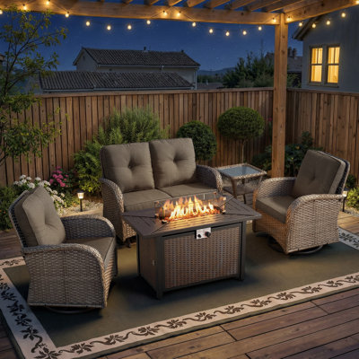 5-Piece Outdoor Patio Wicker Relaxed Gliding Loveseat Set With Swivel Chairs And Fire Pit Table