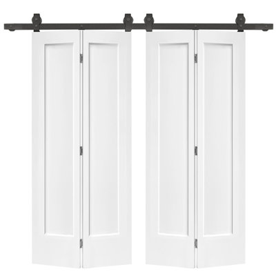 48 po X 80 po Porte de grange double pliante en panneau de fibres à densité moyenne apprêté 1 panneau avec ensemble de quincaillerie coulissante