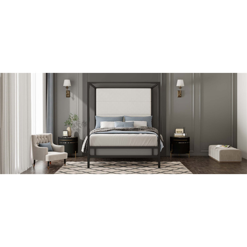 Lit à baldaquin luxueux avec tête de lit tapissier en velours et structure en métal durable, nécessite un sommier tapissier, très grand