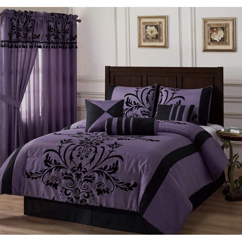 7-Piece Faux Silk Flocked Comforter Set, King Comforter + 2 King Shams, Violet/Black