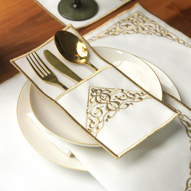 Embroidered White Linen Placemats with Gold Scrollwork – 24pc Elegant Table Mats Set for 6 Person | Islamic Decorative Dining Linens