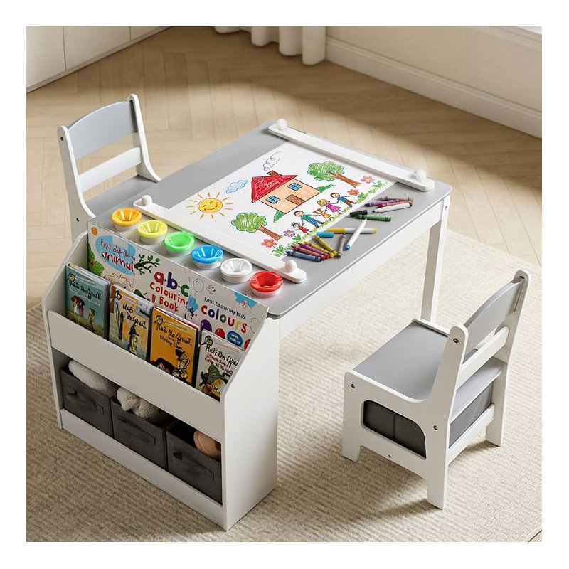 Kids Wooden Activity Table and 2 Chairs Set with Storage and Art Features, Gray