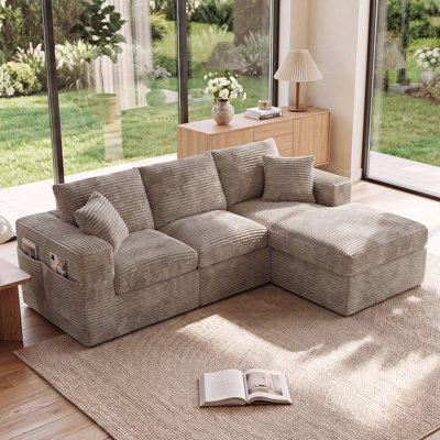 96" Boneless sectional Couch for Living Room, L Shaped Cloud Couch, Modular Sofa, Corduroy Upholstered Memory Foam Seating & Side Storage Pockets - No Assembly Needed, Khaki