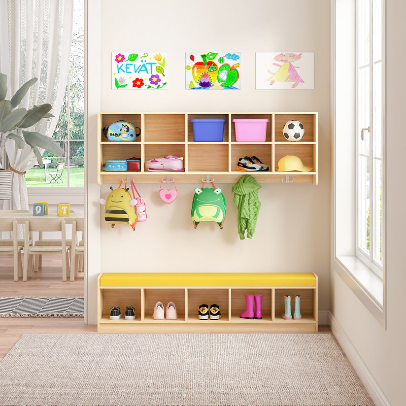 Wall-Mounted Classroom Storage Cabinet with Bench, Compartment Storage Cabinet with Storage Seat