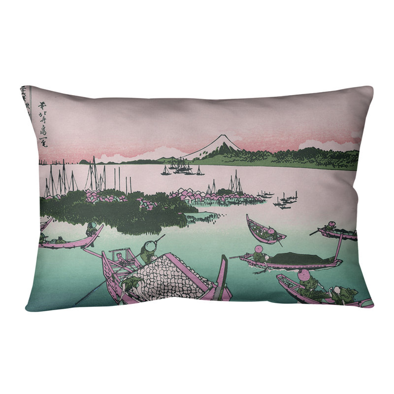 Coussin lombaire Katsushika Hokusai Tsukuda dans la province de Musashi, Vert, Simili suède