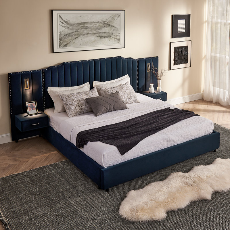 Lit plateforme tapissier très grand de qualité supérieure, conception moderne en velours, bleu foncé