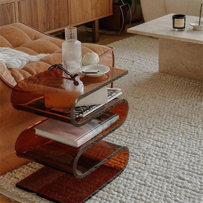 S-Shaped Acrylic Side Table with Magazine Rack – Display Stand for Living Room, Bedroom and Bathroom