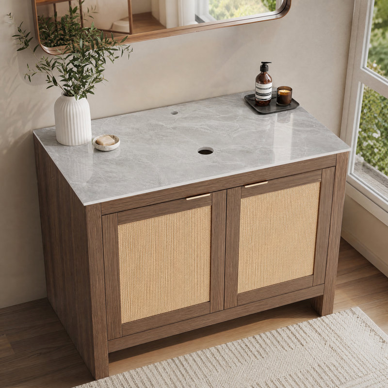 Base de meuble-lavabo autoportant en rotin, armoire de rangement de style campagne moderne avec portes doubles à fermeture en douceur, sans lavabo inclus