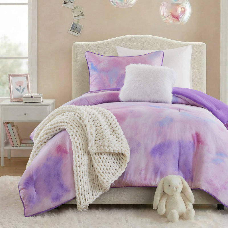 Cassiopeia Watercolor Tie Dye Printed Comforter Set with Throw Pillow, Twin/Twin XL Comforter + 1 Sham + Throw Pillow, Purple
