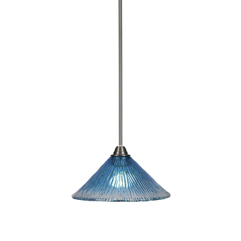 Luminaire suspendu à tige Averyon Paramount illustré en verre au fini nickel brossé, H 57,75 po x l 12 po x P 12 po, Bleu