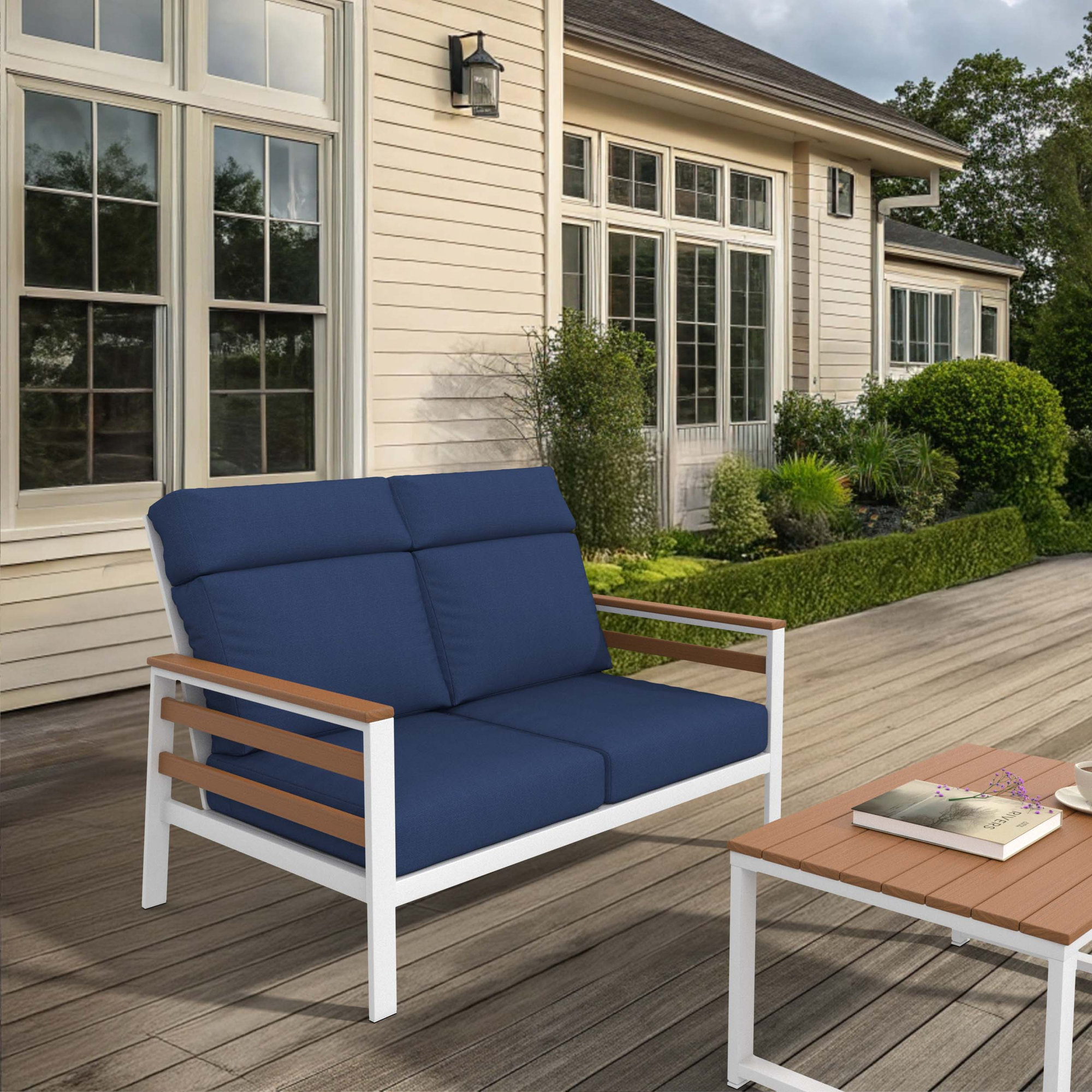 Townsend Metal Outdoor Loveseat With Sunbrella Cushion, Canvas Navy