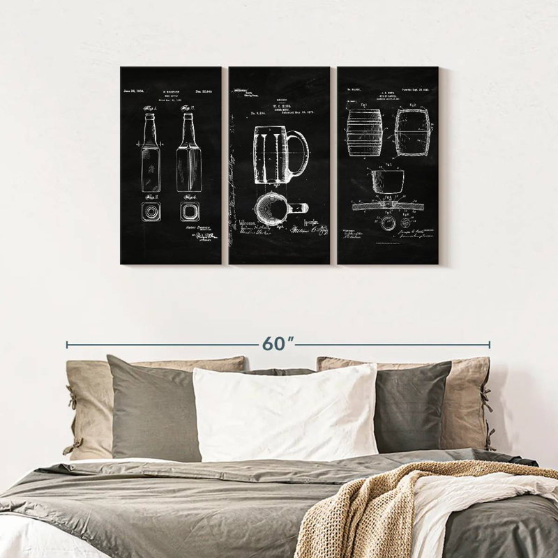 «Beer Compilation BW Brevet», ensemble de 3 toiles tendues, H 28 po x l 45 po x P 1,25 po