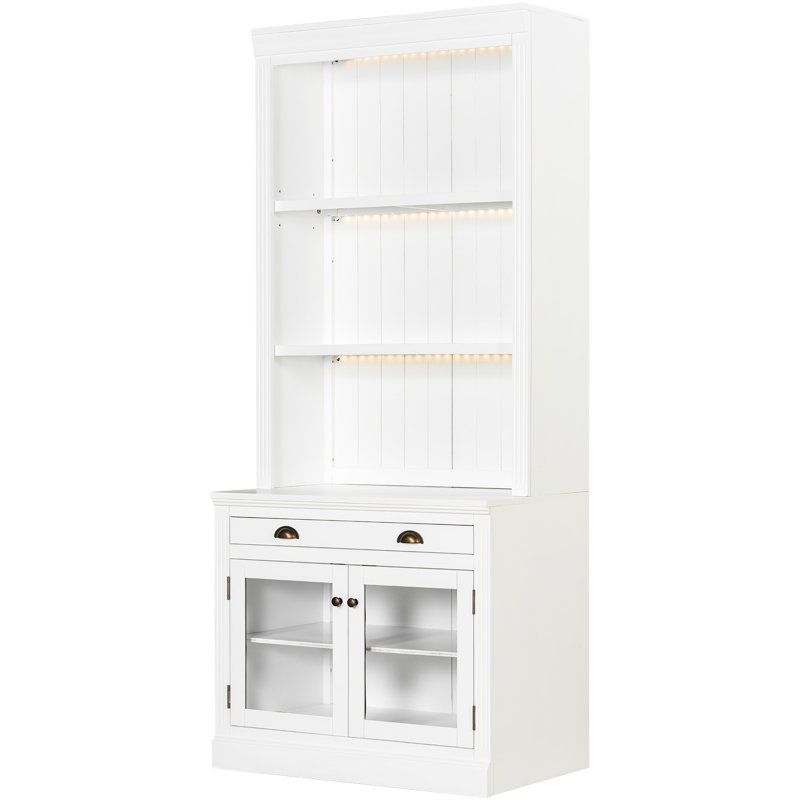 Bibliothèque blanche moderne rectangulaire avec lumières à DEL, 2 portes en verre, 1 tiroir et une tablette réglable pour la maison décorant un éclairage de 83,4 po de hauteur, 3 tablettes ouvertes, design