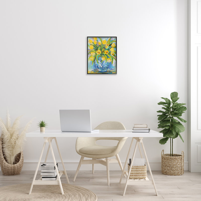 Expressive Yellow Tulips in Blue Vase Canvas Wall Art