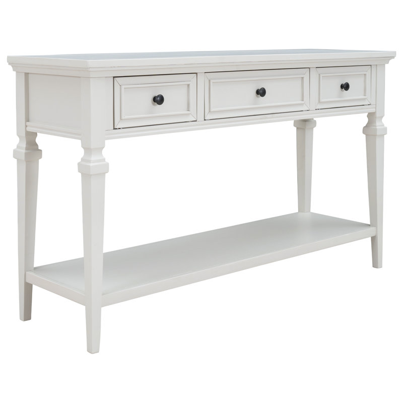 Classic Retro Style Console Table With Three Top Drawers And Open Style Bottom Shelf, Easy Assembly (Antique White)