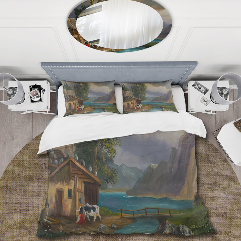 Femme apportant la vache dans l'écurie à un lac - Ensemble de housse de couette Farmhouse - Microfibre de polyester