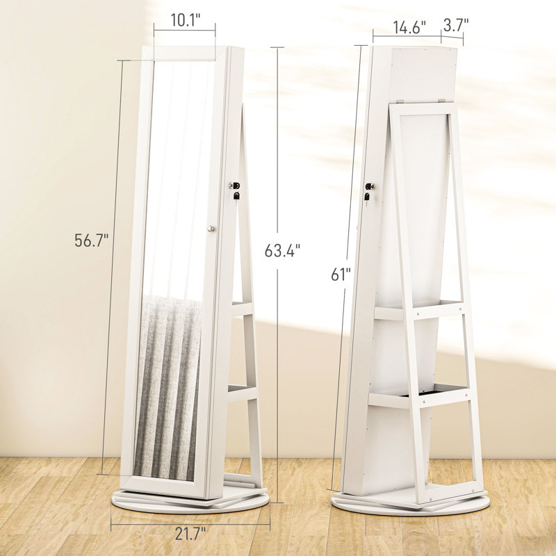 Full Mirror With 360 Swivel And Jewelry Organization Storage, 78 Ring Slots 3 Back Storage Shelves, Lockable Compartment, Gray , 21.7" D, Assembly Needed Rotating Cabinet Ample 120 Earring Built-In