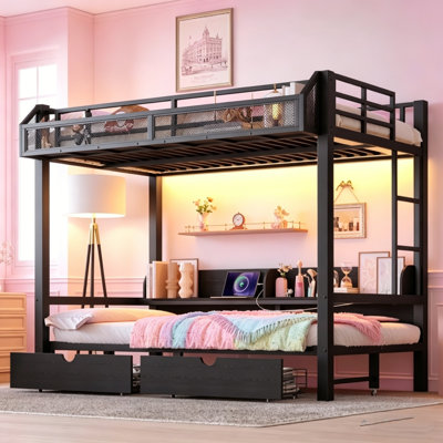 Lit superposé en métal avec bureau, lumières DEL et station de charge intégrée, cadre de lit mezzanine robuste avec garde-corps de sécurité, 2 tiroirs de rangement et échelle, lit superposé pour enfants, adolescents, chambre d'adultes, aucun sommier nécessaire
