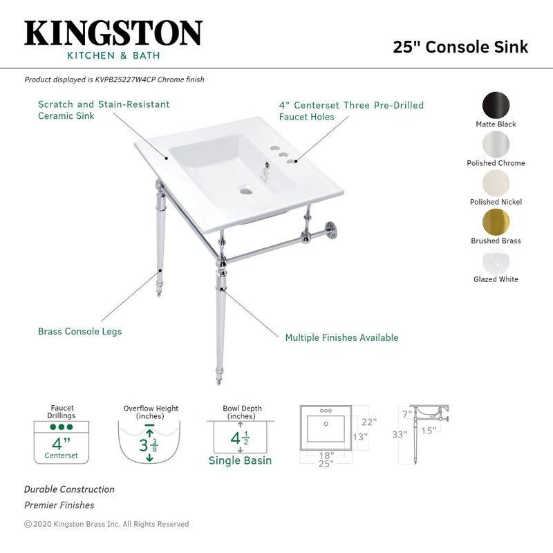 Lavabo console en laiton Kingstonian de 25 pouces avec pieds en laiton Kingston (4 pouces, 3 trous), Blanc / laiton brossé