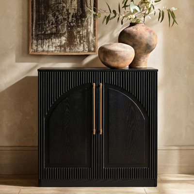 Velora 31” Modern Arched Fluted Ash Veneer Cabinet – Sideboard & Media Console with Brass Handles, Black/White