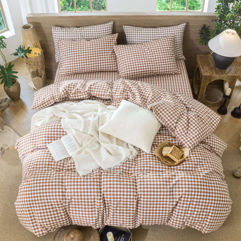 MooMee Gingham Duvet Cover Set 100% Washed Cotton Linen Like Lightweight, Dark Orange