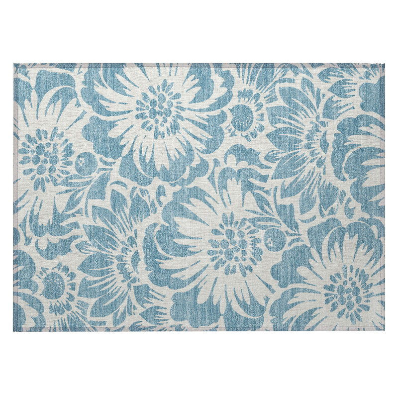 Tapis extérieur lavable antidérapant à motif floral denim et ivoire 2 pi x 3 pi