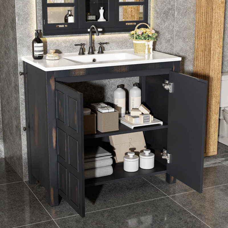 Meuble-lavabo vintage 36 po avec lavabo en céramique et armoire de rangement, Espresso
