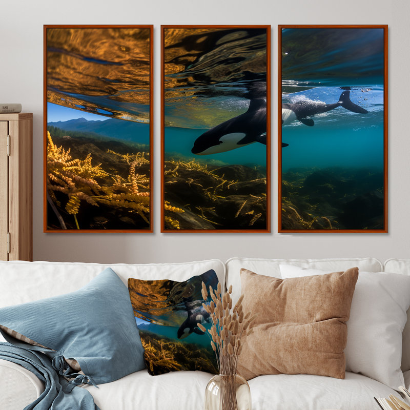 Orque nageant dans un lagon bleu - ensemble d'art mural animaux côtiers, Cadre flottant brun, H 40 po x l 60 po x P 1 po