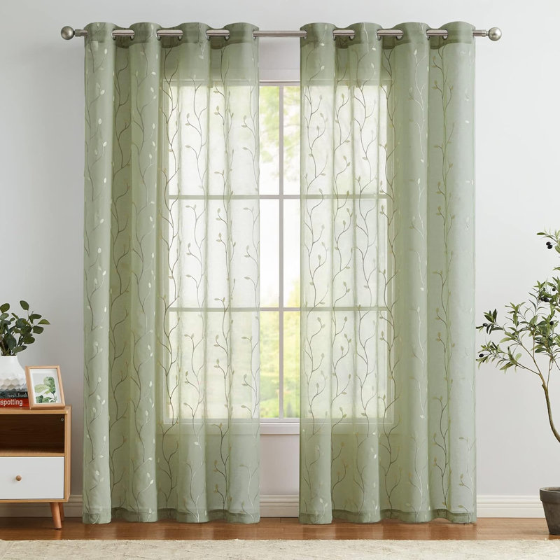Sheer Floral Embroidered Linen Curtains for Bedroom, 55" W x 84" L, Green